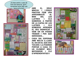 • AMB EL DRAC
MINCHU I L’ERIÇÓ
PINCITAS FEIM UNA
APROXIMACIÓ AL
MÓN DEL LES
LLETRES I ELS
NÚMEROS. A PARTIR
DE LA CAPSA DE LES
LLETRES I ELS
NÚMEROS APRENEM
EL SEU SIGNIFICAT I
VEIM ON EN PODEM
TROBAR I PER QUÈ
SERVEIXEN…
• CADA DIA ESPERAM
AMB MOLTA IL·LUSIÓ
EL DIA EN EL QUE ENS
TOCARÀ I LA PODREM
PORTAR A CASA. ÉS
UN ELEMENT MOLT
MOTIVADOR I PLE
D’APRENENTATGE!!!
Ja hem estat a casa de
tots els nens/es, però...
tornarem aviat amb una
nova activitat!
 