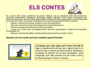 ELS CONTES
És a través dels contes, sobretot en la primera infància, que es canalitzen molts dels sentiments,
emocions, pensaments, aspiracions col·lectives, dubtes, angoixes i pors propis de persones que
encara no tenen prou clars els límits entre realitat i fantasia. El conte ocupa doncs un lloc fonamental
en la vida d’un infant i té una gran importància en el futur desenvolupament del nen perquè:
• Nodreix i enriqueix la fantasia, ampliant el món de l’experiència.
• Afavoreix el procés de maduració integral de la personalitat del nen.
• Posa en contacte els infants amb el món de la realitat.
• L’inicia en un codi moral: el concepte del bé i del mal i l’aproximació a valors com el respecte,
l’honestedat, etc...
• Afavoreix moments de diàleg i trobada efectiva entre la persona adulta i l’infant.
Aquests són els contes que hem treballat aquest trimestre:
La talpeta que volia saber qui li havia fet allò al
cap. La talpeta sortia del seu cau i alguna cosa li va
caure al cap a manera de barret pudent. Aleshores,
la talpeta va recórrer tot el camp investigant –molt
indignada- quin dels animals que allí viuen li havia
fet aquell greuge: el colom, el cavall,...
 