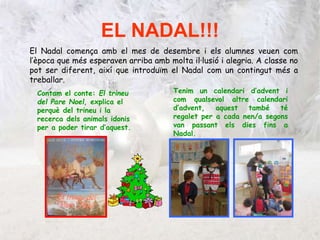 EL NADAL!!!
Contam el conte: El trineu
del Pare Noel, explica el
perquè del trineu i la
recerca dels animals idonis
per a poder tirar d’aquest.
El Nadal comença amb el mes de desembre i els alumnes veuen com
l’època que més esperaven arriba amb molta il·lusió i alegria. A classe no
pot ser diferent, així que introduïm el Nadal com un contingut més a
treballar.
Tenim un calendari d’advent i
com qualsevol altre calendari
d’advent, aquest també té
regalet per a cada nen/a segons
van passant els dies fins a
Nadal.
 