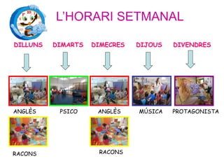 L’HORARI SETMANAL
DILLUNS DIMARTS DIMECRES DIJOUS DIVENDRES
RACONS
PSICO ANGLÈS MÚSICA PROTAGONISTAANGLÈS
RACONS
 