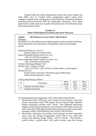 Langkah kedua dan ketiga menggunakan metode least square dengan alat
bantu SPSS versi 16. Langkah kedua menggunakan analisa regresi linear
sedangkan langkah ketiga menggunakan analisa deskriptif. Selanjutnya dilakukan
pendokumentasian/perumusan ASB dari tahap-tahap sebelumnya. Hasil dalam
pembentukan model untuk jenis kegiatan Penyediaan Jasa Surat Menyurat dapat
dilihat pada gambar berikut :
Gambar 4.1
Model ASB Kegiatan Penyediaan Jasa Surat Menyurat
ASB-01 PENYEDIAAN JASA SURAT MENYURAT
Deskripsi :
Penyediaan Jasa Surat Menyurat merupakan kegiatan untuk memenuhi kebutuhan
dalam pengiriman surat oleh pegawai di lingkungan satuan kerja perangkat
daerah.
Pengendali belanja (cost driver):
Jumlah Lembar dan Jumlah Tahun.
Satuan Pengendali belanja tetap (fixed cost):
= Rp 3.417.822,00 per kegiatan
Satuan pengendali belanja variabel (variable cost) :
= Rp 1.654,00 per jumlah lembar
Formula Perhitungan Belanja Total:
Belanja Tetap + Belanja Variabel
= Rp 3.417.822,00 + (Rp 1.654,00 x jumlah lembar x jumlah tahun)
Rentang Relevan :
Jumlah lembar surat antara 350 lembar sampai 6600 lembar
Jumlah tahun pengiriman 1 tahun
Alokasi Objek Belanja ASB-01 :
No. Keterangan
Batas
Bawah
Rata-
Rata
Batas
Atas
1. Belanja Jasa Habis Pakai 41% 83% 100%
2. Belanja Jasa Kantor 11% 17% 23%
Cara pengembangan dan penggunaan model ASB adalah sebagai berikut :
1. Menemukan model ASB yang sesuai dengan rencana kegiatan yang akan
disusun. Kesesuaian model ASB dengan rencana kegiatan dapat diketahui
dengan mempelajari deskripsi ASB. Contoh : akan dilakukan perhitungan
anggaran untuk kegiatan pengiriman surat sebanyak 1000 lembar selama satu
tahun. Dari daftar ASB dapat diketahui bahwa kegiatan tersebut masuk dalam
kelompok ASB-01 PENYEDIAAN JASA SURAT MENYURAT.
2. Menentukan maksimum total belanja untuk kegiatan tersebut berdasarkan
rumus yang ada. Dengan menggunakan model ASB di atas, maka total
belanja akan dihitung sebagai berikut : Rp3.417.822,00 + (Rp1.654,00 x
jumlah lembar x jumlah tahun). Dari rumus tersebut, maka total belanja
 