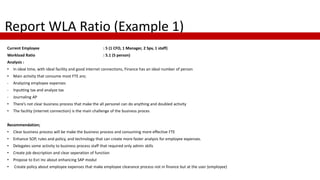 Report WLA Ratio (Example 1)
Current Employee : 5 (1 CFO, 1 Manager, 2 Spv, 1 staff)
Workload Ratio : 5.1 (5 person)
Analy...