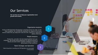 Our Services
Our services are to help your organization more
growth and sustain..
1
2
3
Organization Analytics
Variety of ...