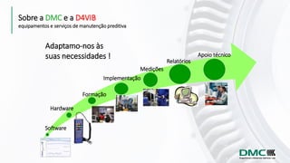 Sobre a DMC e a D4VIB
equipamentos e serviços de manutenção preditiva
Adaptamo-nos às
suas necessidades !
Software
Hardwar...