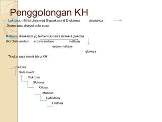 Penggolongan KH
    Laktosa, mll hidrolisis mjd D-galaktosa & D-glukosa        disakarida
    Dalam susu disebut gula susu


    Maltosa, disakarida yg terbentuk dari 2 molekul glukosa
    Hidrolisis amilum      enzim amilase         maltosa
                                       enzim maltase
                                                              glukosa
     Tingkat rasa manis bbrp KH


         Fruktosa
             Gula invert
                    Sukrosa
                        Glukosa
                              Xilosa
                                Maltosa
                                  Galaktosa
                                       Laktosa
 