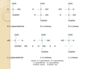 CHO                                   CHO                                      CHO

H     C       OH              H            C        OH                   HO         C     H

      CH2OH                       H        C        OH                    H         C     OH

                                           CH2OH                                    CH2OH

D (+) gliseraldehida                       D (-) eritrosa                           D (+) treosa



          CHO                               CHO                                     CHO

HO        C        H             H          C         OH                     HO     C     H

          CH2OH        HO    C        H        HO         C      H

                                            CH2OH                                   CH2OH

L (-) gliseraldehida                       L (+) eritrosa                           L (-) treosa
                            Catatan : D (+) gliseraldehida ~ R (+) gliseraldehida
                               L (-) gliseraldehida ~ S (-) gliseraldehida
                               R (rectus = kanan)     S (sinister = kiri)
 