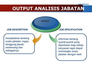 OUTPUT ANALISIS JABATAN OUTPUT JOB DESCRIPTION JOB SPECIFICATION menjelaskan tentang suatu jabatan, tugas, tanggung jawab, wewenang dan sebagainya.  informasi tentang syarat-syarat yang diperlukan bagi setiap karyawan agar dapat memangku suatu jabatan dengan baik.  
