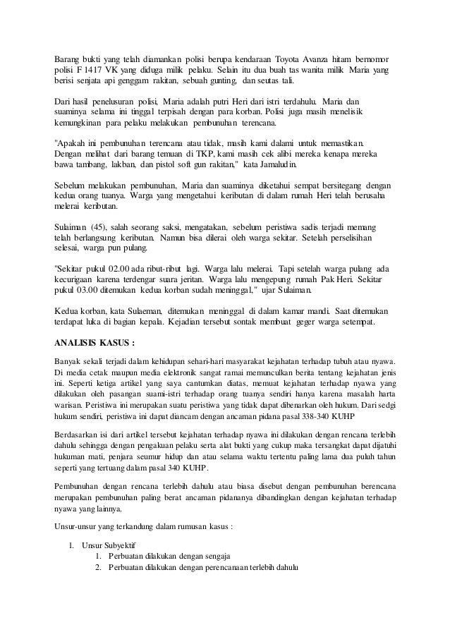 Analisa Kasus Pembunuhan Oleh Pasangan Suami Istri Terhadap Orang Tua