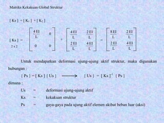 = +
0 0
=
Matriks Kekakuan Global Struktur
[ Ks ] = [ K1 ] + [ K2 ]
[ Ks ]
2 x 2
L
EI4
L
EI2
L
EI2
L
EI4
0
L
EI4
L
EI4
L
EI2
L
EI2
L
EI8
Untuk mendapatkan deformasi ujung-ujung aktif struktur, maka digunakan
hubungan :
{ Ps } = [ Ks ] { Us } { Us } = [ Ks ]-1
{ Ps }
dimana :
Us = deformasi ujung-ujung aktif
Ks = kekakuan struktur
Ps = gaya-gaya pada ujung aktif elemen akibat beban luar (aksi)
 