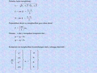 C2
CS
-C2
-CS
ui =
pi
qi
pj
qj
Pertama, harus menghitung :
L = ( ) ( )2
ij
2
ij y-yx-x +
C = cos β =
L
x-x ij
S = sin β =
L
y-y ij
Perpendekan aksial cui menghasilkan gaya tekan aksial
F = icu
L
AE






Dimana : x dan y merupakan komponen dari ;
pi = - pj = Fc
qi = - qj = Fs
Komponen ini menghasilkan kesetimbangan statis, sehingga diperoleh :
L
AE
 