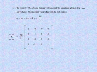 K =
0 0 0 0
0 1 0 -1
0 0 0 0
0 -1 0 1
1. Jika nilai β = 90, sebagai batang vertikal, matriks kekakuan elemen [ K ] 4 x 4
Hanya berisi 4 komponen yang tidak bernilai nol, yaitu :
k22 = k44 = -k24 = -k42 =
L
AE
L
AE
 