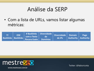 Análise da SERPCom a lista de URLs, vamos listar algumas métricas:
