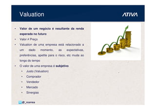 Valuation

•   Valor de um negócio é resultante da renda
    esperada no futuro
•   Valor ≠ Preço
•   Valuation de uma empresa está relacionado a
    um    dado       momento,   as    expectativas,
    preferências, apetite para o risco, etc muda ao
    longo do tempo
•   O valor de uma empresa é subjetivo
     •   Justo (Valuation)
     •   Comprador
     •   Vendedor
     •   Mercado
     •   Sinergias


     @_rcorrea
 