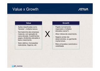Value x Growth


              Value                               Growth

 - Ações classificadas como           - Papéis normalmente
   “baratas”, múltiplos baixos.         negociado a múltiplos



                                  X
                                        elevados (caros?).
 - Normalemnte são empresas
   maduras, com geração de            - Altos índices de crescimento.
   caixa elevada, investimentos
                                      - Negócio ainda não
   pagos, dividendos elevados e
                                        desenvolvidos, ou ganhando
   baixo crescimento.
                                        market share.
 - Setor elétrico, Concessões
                                      - Mais arriscadas e sensíveis a
   rodoviárias, Cigarros, etc
                                        volatilidade




@_rcorrea
 