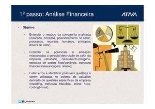 1º passo: Análise Financeira

•    Objetivo:

      •   Entender o negócio da companhia analisada
          (mercado, produtos, posicionamento no setor,
          processos, recursos humanos, principais
          drivers de valor).

      •   Entender      os   potenciais   e    ameaças
          relacionadas a geração/destruição de valor da
          empresa (atividade, crescimento,margens,
          estrutura de custos fixos/variáveis, estrutura
          financeira/alavancagem, retorno)

      •   Evitar erros e identificar possíveis questões a
          serem utilizadas no esforço de valuation
          derivado de questões específicas da empresa
          (reporting, estrutura tributária, ativos fixos,
          contingências).



    @_rcorrea
 