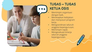 TUGAS – TUGAS
KETUA OSIS
• Memimpin organisasi
dengan baik.
• Menetapkan kebijakan
dan menyusun program
kerja.
• Mengoordinasi seluruh
anggota kepengurusan.
• Memimpin rapat.
• Mengevaluasi kinerja
seluruh anggota
kepengurusan.
 