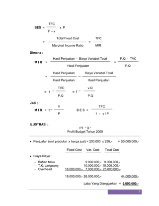7 
TFC 
BES = x P P – v Total Fixed Cost TFC 
= = Marginal Income Ratio MIR Dimana : Hasil Penjualan - Biaya Variabel Total P.Q - TVC 
M I R = = Hasil Penjualan P.Q Hasil Penjualan Biaya Variabel Total 
= Hasil Penjualan Hasil Penjualan TVC v.Q 
= 1 = 1 P.Q P.Q Jadi : V TFC 
M I R = 1 B E S = P 1 - v / P ILUSTRASI : PT “ X “ Profit Budget Tahun 2000 
 Penjualan (unit produksi x harga jual) = 200.000 x 250,- = 50.000.000,- 
Fixed Cost Var. Cost Total Cost 
 Biaya-biaya : 
- Bahan baku 9.000.000,- 9.000.000,- 
- T.K. Langsung 10.000.000,- 10.000.000,- 
- Overhead 18.000.000,- 7.000.000,- 25.000.000,- 
18.000.000,- 26.000.000,- 44.000.000,- Laba Yang Dianggarkan = 6.000.000,-  