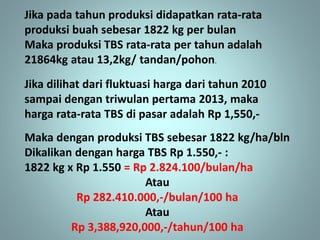 Jika pada tahun produksi didapatkan rata-rata
produksi buah sebesar 1822 kg per bulan
Maka produksi TBS rata-rata per tahun adalah
21864kg atau 13,2kg/ tandan/pohon.
Jika dilihat dari fluktuasi harga dari tahun 2010
sampai dengan triwulan pertama 2013, maka
harga rata-rata TBS di pasar adalah Rp 1,550,-
Maka dengan produksi TBS sebesar 1822 kg/ha/bln
Dikalikan dengan harga TBS Rp 1.550,- :
1822 kg x Rp 1.550 = Rp 2.824.100/bulan/ha
Atau
Rp 282.410.000,-/bulan/100 ha
Atau
Rp 3,388,920,000,-/tahun/100 ha
 
