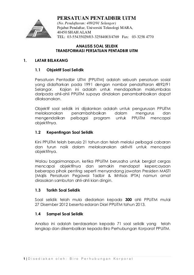 ANALISIS SOAL SELIDIK TRANSFORMASI PERSATUAN PENTADBIR UiTM