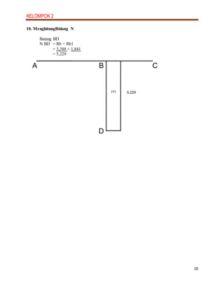 KELOMPOK 2
10
10. MenghitungBidang N
Batang BD
N BD = Rb + Rb1
= 3,388 + 1,841
= 5,229
A B C
D
5,229(+)
 