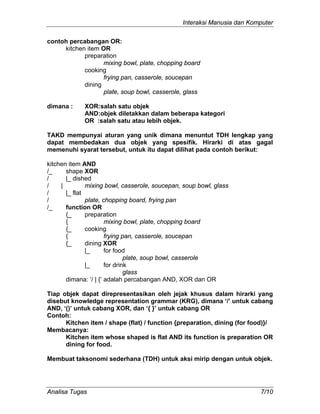 Interaksi Manusia dan Komputer
Analisa Tugas 7/10
contoh percabangan OR:
kitchen item OR
preparation
mixing bowl, plate, chopping board
cooking
frying pan, casserole, soucepan
dining
plate, soup bowl, casserole, glass
dimana : XOR:salah satu objek
AND:objek diletakkan dalam beberapa kategori
OR :salah satu atau lebih objek.
TAKD mempunyai aturan yang unik dimana menuntut TDH lengkap yang
dapat membedakan dua objek yang spesifik. Hirarki di atas gagal
memenuhi syarat tersebut, untuk itu dapat dilihat pada contoh berikut:
kitchen item AND
/_ shape XOR
/ |_ dished
/ | mixing bowl, casserole, soucepan, soup bowl, glass
/ |_ flat
/ plate, chopping board, frying pan
/_ function OR
{_ preparation
{ mixing bowl, plate, chopping board
{_ cooking
{ frying pan, casserole, soucepan
{_ dining XOR
|_ for food
plate, soup bowl, casserole
|_ for drink
glass
dimana: ‘/ | {‘ adalah percabangan AND, XOR dan OR
Tiap objek dapat direpresentasikan oleh jejak khusus dalam hirarki yang
disebut knowledge representation grammar (KRG), dimana ‘/’ untuk cabang
AND, ‘()’ untuk cabang XOR, dan ‘{ }’ untuk cabang OR
Contoh:
Kitchen item / shape (flat) / function {preparation, dining (for food)}/
Membacanya:
Kitchen item whose shaped is flat AND its function is preparation OR
dining for food.
Membuat taksonomi sederhana (TDH) untuk aksi mirip dengan untuk objek.
 