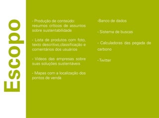 - Produção de conteúdo:            -Banco de dados
resumos críticos de assuntos
sobre sustentabilidade             - Sistema de buscas

- Lista de produtos com foto,
texto descritivo,classificação e   - Calculadoras das pegada de
comentários dos usuários           carbono

- Vídeos das empresas sobre        - Twitter
suas soluções sustentáveis

- Mapas com a localização dos
pontos de venda
 