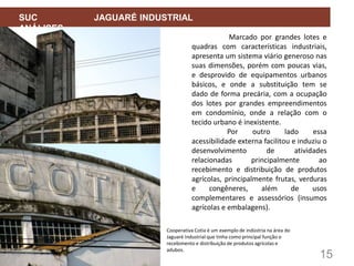 15
SUC JAGUARÉ INDUSTRIAL
ANÁLISES
Marcado por grandes lotes e
quadras com características industriais,
apresenta um sistema viário generoso nas
suas dimensões, porém com poucas vias,
e desprovido de equipamentos urbanos
básicos, e onde a substituição tem se
dado de forma precária, com a ocupação
dos lotes por grandes empreendimentos
em condomínio, onde a relação com o
tecido urbano é inexistente.
Por outro lado essa
acessibilidade externa facilitou e induziu o
desenvolvimento de atividades
relacionadas principalmente ao
recebimento e distribuição de produtos
agrícolas, principalmente frutas, verduras
e congêneres, além de usos
complementares e assessórios (insumos
agrícolas e embalagens).
Cooperativa Cotia é um exemplo de indústria na área do
Jaguaré Industrial que tinha como principal função o
recebimento e distribuição de produtos agrícolas e
adubos.
 