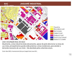 16
SUC JAGUARÉ INDUSTRIAL
ANÁLISES
USO E OCUPAÇÃO REAL DO SOLO
Atualmente, a área industrial ainda está presente, apesar de parte dela tornar-se áreas de
uso misto, principalmente quando estão próximas a áreas residenciais, para atender a
demanda necessária de uso misto – tão abordado pelos urbanistas atuais.
Fonte: Base MDC e levantamento feito por Google Street view 2011.
 