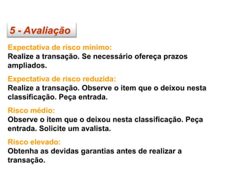 5 - Avaliação
Expectativa de risco mínimo:
Realize a transação. Se necessário ofereça prazos
ampliados.
Expectativa de risco reduzida:
Realize a transação. Observe o item que o deixou nesta
classificação. Peça entrada.
Risco médio:
Observe o item que o deixou nesta classificação. Peça
entrada. Solicite um avalista.
Risco elevado:
Obtenha as devidas garantias antes de realizar a
transação.
 