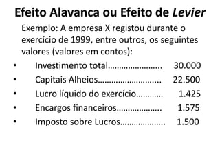 Efeito Alavanca ou Efeito de Levier
Exemplo: A empresa X registou durante o
exercício de 1999, entre outros, os seguintes
valores (valores em contos):
• Investimento total…………………... 30.000
• Capitais Alheios…………………….... 22.500
• Lucro líquido do exercício………… 1.425
• Encargos financeiros……………….. 1.575
• Imposto sobre Lucros……………….. 1.500
 