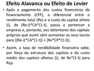 Efeito Alavanca ou Efeito de Levier
• Após o pagamento dos custos financeiros de
financiamento (CFF), o diferencial entre o
rendimento total (Re) e o custo do capital alheio
(i), de (Re-i)*CA*(1-t), passa a pertencer a
empresa e, portanto, aos detentores dos capitais
próprios que assim vêm aumentar os seus lucros
para [(Re-i)*CA*(1-t)] + [Re*CP*(1-t)].
• Assim, a taxa de rendibilidade financeira sobe,
por força da estrutura dos capitais e do custo
médio dos capitais alheios (i), de Re*(1-t) para
Rcp.
 