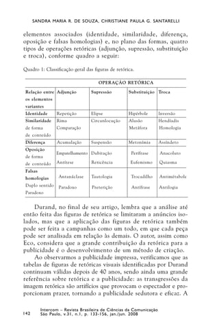 SANDRA MARIA R. DE SOUZA, CHRISTIANE PAULA G. SANTARELLI


elementos associados (identidade, similaridade, diferença,
oposição e falsas homologias) e, no plano das formas, quatro
tipos de operações retóricas (adjunção, supressão, substituição
e troca), conforme quadro a seguir:

Quadro 1: Classificação geral das figuras de retórica.

                                     OPERAÇÃO RETÓRICA

 Relação entre Adjunção           Supressão         Substituição Troca
 os elementos
 variantes
 Identidade      Repetição        Elipse            Hipérbole        Inversão
 Similaridade    Rima             Circunlocução     Alusão           Hendíadis
 de forma        Comparação                         Metáfora         Homologia
 de conteúdo
 Diferença       Acumulação       Suspensão         Metonímia        Assíndeto
 Oposição
                 Emparelhamento Dubitação            Perífrase       Anacoluto
 de forma
 de conteúdo     Antítese         Reticência         Eufemismo       Quiasma
 Falsas
 homologias       Antanáclase     Tautologia         Trocadilho      Antimétabole
 Duplo sentido    Paradoxo        Preterição         Antífrase       Antilogia
 Paradoxo


    Durand, no final de seu artigo, lembra que a análise até
então feita das figuras de retórica se limitaram a anúncios iso-
lados, mas que a aplicação das figuras de retórica também
pode ser feita a campanhas como um todo, em que cada peça
pode ser analisada em relação às demais. O autor, assim como
Eco, considera que a grande contribuição da retórica para a
publicidade é o desenvolvimento de um método de criação.
    Ao observarmos a publicidade impressa, verificamos que as
tabelas de figuras de retóricas visuais identificadas por Durand
continuam válidas depois de 40 anos, sendo ainda uma grande
referência sobre retórica e a publicidade: as transgressões da
imagem retórica são artifícios que provocam o espectador e pro-
porcionam prazer, tornando a publicidade sedutora e eficaz. A

          Intercom – Revista Brasileira de Ciências da Comunicação
142       São Paulo, v.31, n.1, p. 133-156, jan./jun. 2008
 