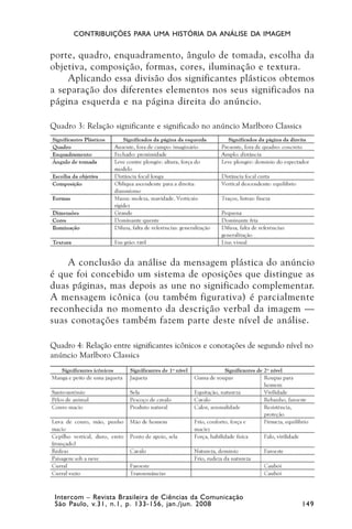 CONTRIBUIÇÕES PARA UMA HISTÓRIA DA ANÁLISE DA IMAGEM


porte, quadro, enquadramento, ângulo de tomada, escolha da
objetiva, composição, formas, cores, iluminação e textura.
    Aplicando essa divisão dos significantes plásticos obtemos
a separação dos diferentes elementos nos seus significados na
página esquerda e na página direita do anúncio.

Quadro 3: Relação significante e significado no anúncio Marlboro Classics




    A conclusão da análise da mensagem plástica do anúncio
é que foi concebido um sistema de oposições que distingue as
duas páginas, mas depois as une no significado complementar.
A mensagem icônica (ou também figurativa) é parcialmente
reconhecida no momento da descrição verbal da imagem —
suas conotações também fazem parte deste nível de análise.

Quadro 4: Relação entre significantes icônicos e conotações de segundo nível no
anúncio Marlboro Classics




 Intercom – Revista Brasileira de Ciências da Comunicação
 São Paulo, v.31, n.1, p. 133-156, jan./jun. 2008                           149
 