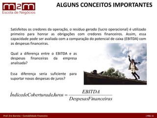 Prof. Eric Barreto – Contabilidade Financeira
Satisfeitos os credores da operação, o resíduo gerado (lucro operacional) é utilizado
primeiro para honrar as obrigações com credores ﬁnanceiros. Assim, essa
capacidade pode ser avaliada com a comparação do potencial de caixa (EBITDA) com
as despesas ﬁnanceiras.
Qual a diferença entre o EBITDA e as
despesas ﬁnanceiras da empresa
analisada?
Essa diferença seria suﬁciente para
suportar novas despesas de juros?
nanceirasDespesasFi
EBITDA
uros=berturadeJÍndicedeCo
ALGUNS CONCEITOS IMPORTANTES
 