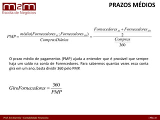 Prof. Eric Barreto – Contabilidade Financeira
360
2);(
01
01
Compras
esFornecedoresFornecedor
riasComprasDiá
esFornecedoresFornecedormédia
PMP
AA
AA
=
==
PMP
edoresGiroFornec
360
=
O prazo médio de pagamentos (PMP) ajuda a entender que é provável que sempre
haja um saldo na conta de Fornecedores. Para sabermos quantas vezes essa conta
gira em um ano, basta dividir 360 pelo PMP.
PRAZOS MÉDIOS
 