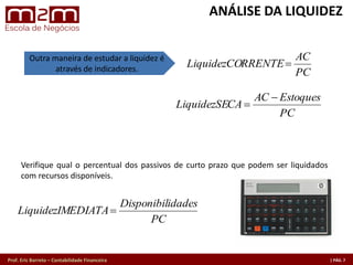 Prof. Eric Barreto – Contabilidade Financeira
Veriﬁque qual o percentual dos passivos de curto prazo que podem ser liquidados
com recursos disponíveis.
PC
idadesDisponibil
EDIATA=LiquidezIM
PC
AC
RRENTE=LiquidezCO
Outra maneira de estudar a liquidez é
através de indicadores.
PC
EstoquesAC=
CA=LiquidezSE
ANÁLISE DA LIQUIDEZ
 