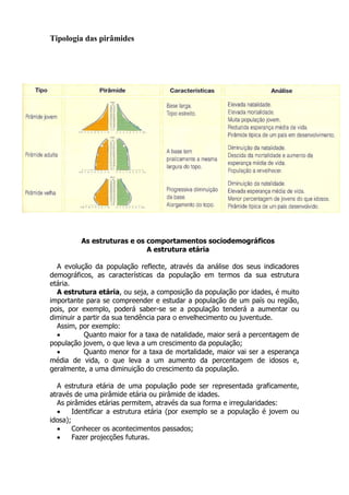 Tipologia das pirâmides
As estruturas e os comportamentos sociodemográficos
A estrutura etária
A evolução da população reflecte, através da análise dos seus indicadores
demográficos, as características da população em termos da sua estrutura
etária.
A estrutura etária, ou seja, a composição da população por idades, é muito
importante para se compreender e estudar a população de um país ou região,
pois, por exemplo, poderá saber-se se a população tenderá a aumentar ou
diminuir a partir da sua tendência para o envelhecimento ou juventude.
Assim, por exemplo:
 Quanto maior for a taxa de natalidade, maior será a percentagem de
população jovem, o que leva a um crescimento da população;
 Quanto menor for a taxa de mortalidade, maior vai ser a esperança
média de vida, o que leva a um aumento da percentagem de idosos e,
geralmente, a uma diminuição do crescimento da população.
A estrutura etária de uma população pode ser representada graficamente,
através de uma pirâmide etária ou pirâmide de idades.
As pirâmides etárias permitem, através da sua forma e irregularidades:
 Identificar a estrutura etária (por exemplo se a população é jovem ou
idosa);
 Conhecer os acontecimentos passados;
 Fazer projecções futuras.
 