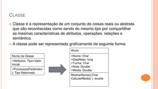 CLASSE
 Classe é a representação de um conjunto de coisas reais ou abstrata
que são reconhecidas como sendo do mesmo tipo por compartilhar
as mesmas características de atributos, operações, relações e
semântica.
 A classe pode ser representada graficamente da seguinte forma:
Nome da Classe
+Atributos: Tipo=Valor
Inicial
+Processos(Parâmetro
): Tipo Retornado
Aluno
+Nome: Char
+DataNasc: long
+Turma: Char
+Nota: Double
+Media: Double
MostrarNome():Char
CalcularMedia( ): double
 
