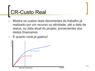 CR-Custo Real
   Mostra os custos reais decorrentes do trabalho já
    realizado por um recurso ou atividade, até a data de
    status, ou data atual do projeto, provenientes dos
    dados financeiros
   É quanto você já gastou!




                                                       11/53
 