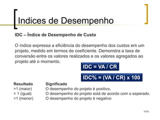 Indices de Desempenho
IDC – Índice de Desempenho de Custo

O índice expressa a eficiência do desempenho dos custos em um
projeto, medido em termos de coeficiente. Demonstra a taxa de
conversão entre os valores realizados e os valores agregados ao
projeto até o momento.
                                 IDC = VA / CR

                                 IDC% = (VA / CR) x 100
Resultado     Significado
>1 (maior)    O desempenho do projeto é positivo.
= 1 (igual)   O desempenho do projeto está de acordo com o esperado.
<1 (menor)    O desempenho do projeto é negativo


                                                                15/53
 