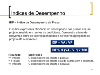 Indices de Desempenho
IDP – Índice de Desempenho de Prazo

O índice expressa a eficiência do desempenho dos prazos em um
projeto, medido em termos de coeficiente. Demonstra a taxa de
conversão entre os valores planejados e os valores agregados ao
projeto até o momento.
                                 IDP = VA / VP

                                 IDP% = (VA / VP) x 100
Resultado     Significado
>1 (maior)    O desempenho do projeto é positivo.
= 1 (igual)   O desempenho do projeto está de acordo com o esperado.
<1 (menor)    O desempenho do projeto é negativo

                                                                17/53
 