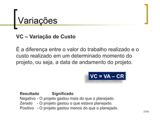 Variações
VC – Variação de Custo

É a diferença entre o valor do trabalho realizado e o
custo realizado em um determinado momento do
projeto, ou seja, a data de andamento do projeto.

                                      VC = VA – CR


 Resultado         Significado
 Negativo - O projeto gastou mais do que o planejado.
 Zerado - O projeto gastou o que estava planejado.
 Positivo - O projeto gastou menos do que o planejado.
                                                         23/53
 