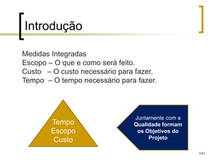 Introdução

Medidas Integradas
Escopo – O que e como será feito.
Custo – O custo necessário para fazer.
Tempo – O tempo necessário para fazer.




                               Juntamente com a
        Tempo                  Qualidade formam
        Escopo                  os Objetivos do
         Custo                      Projeto

                                                  5/53
 
