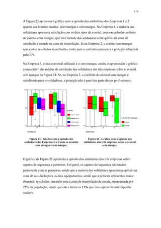 110 
A Figura 23 apresenta o gráfico com a opinião dos soldadores das Empresas 1 e 2 
quanto aos aventais usados: com mangas e sem mangas. Na Empresa 1, a maioria dos 
soldadores apresenta satisfação com os dois tipos de avental, com exceção do conforto 
do avental com mangas, que teve metade dos soldadores com opinião na zona de 
satisfação e metade na zona de insatisfação. Já na Empresa 2, o avental sem mangas 
apresentou resultados semelhantes, tanto para o conforto como para a proteção oferecida 
pelo EPI. 
Na Empresa 3, o único avental utilizado é o sem mangas, assim, é apresentado o gráfico 
comparativo das médias de satisfação dos soldadores das três empresas sobre o avental 
sem mangas na Figura 24. Se, na Empresa 3, o conforto do avental sem mangas é 
satisfatório para os soldadores, a proteção não é para boa parte destes profissionais. 
EMPRESA 
E1 E2 
Avental 
conforto av/cm 
proteção av/cm 
conforto av/sm 
proteção av/sm 
Figura 23 - Gráfico com a opinião dos 
15,0 
7,5 
0,0 
soldadores das Empresas 1 e 2 com os aventais 
com mangas e sem mangas. 
E1 E2 E3 
EMPRESA 
Avental Sem Mangas 
conforto 
proteção 
Figura 24 - Gráfico com a opinião dos 
15,0 
7,5 
0,0 
soldadores das três empresas sobre o avental 
sem mangas. 
O gráfico da Figura 25 apresenta a opinião dos soldadores das três empresas sobre 
sapatos de segurança e perneiras. Em geral, os sapatos de segurança são usados 
juntamente com as perneiras, sendo que a maioria dos soldadores apresentou opinião na 
zona de satisfação para os dois equipamentos, sendo que a perneira apresentou maior 
dispersão nos dados, puxando para a zona de insatisfação da escala, representada por 
25% da população, sendo que estes foram os EPIs que mais apresentaram respostas 
outliers. 
 