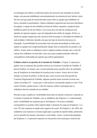 121 
na montagem dos ônibus, as diferentes partes da carroceria são montadas ao mesmo 
tempo, com pessoas trabalhando concomitantemente na estrutura do teto, laterais e piso. 
Isto faz com que gotas de metal derretido caiam sobre as equipes que trabalham em 
baixo, causando as queimaduras. Alguns soldadores sugeriram que houvesse alternância 
de equipes: a equipe do teto trabalha na frente do ônibus, enquanto a equipe do piso 
trabalha na parte de trás do ônibus e vice-versa, pois este tipo de solução já seria 
adotado em algumas equipes e que isto dependeria dos chefes de equipes. Porém, os 
chefes de equipes alegam que não é possível fazê-lo porque a velocidade de trabalho de 
cada soldador é diferente, fazendo com que este tipo de sincronia não possa ser 
alcançado. A possibilidade de acrescentar mais um posto de produção na linha, para 
separar as equipes fica comprometida pela relação entre as dimensões do produto e do 
edifício. Assim, tanto os soldadores como a empresa acabam arcando com o custo do 
esforço dos soldadores ser desviado, neste caso, para a própria proteção, além das 
conseqüências enfrentadas por aqueles que sofrem queimaduras. 
f) Dados relativos às questões de Conteúdo do Trabalho. A Figura 31 apresenta o 
gráfico com as respostas das questões relativas ao Construto Conteúdo do Trabalho. É 
preciso lembrar, no entanto, que a escala utilizada nestas questões não é de satisfação, 
mas de freqüência ou intensidade de ocorrência dos eventos. Assim, deve-se fazer 
atenção, na leitura do gráfico, ao fato de que, como ocorreu com uma questão do 
Construto Organização do Trabalho, algumas questões deste construto tiveram seus 
valores invertidos (15 – x) para que o valor positivo corresponda sempre ao valor 15 da 
escala. Portanto, quanto maior o valor da resposta, melhor a percepção que os 
soldadores têm do conteúdo de seu trabalho. 
Percebe-se que o padrão de variabilidade observado nos demais construtos é repetido no 
Construto Conteúdo do Trabalho, com os soldadores das Empresas 1 e 2 apresentando 
maior variabilidade nas respostas que os da Empresa 3. Os piores resultados 
correspondem às questões sobre repetitividade e manuseio de carga nas Empresas 1 e 2, 
com 75% das respostas na região mais negativa da escala. Na Empresa 3, são 100% dos 
soldadores com respostas na mesma região para a questão da repetitividade, juntamente 
com as questões de atenção, autonomia e criatividade. Assim, a maioria da população 
das Empresas 1 e 2 apresenta respostas na zona positiva da escala para a maioria das 
 
