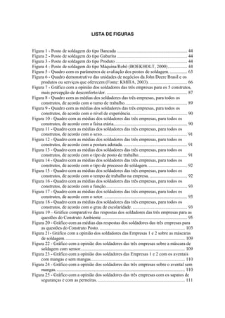 6 
LISTA DE FIGURAS 
Figura 1 - Posto de soldagem do tipo Bancada .............................................................. 44 
Figura 2 - Posto de soldagem do tipo Gabarito .............................................................. 44 
Figura 3 - Posto de soldagem do tipo Produto ............................................................... 44 
Figura 4 - Posto de soldagem do tipo Máquina/Robô (BOEKHOLT, 2000)................. 44 
Figura 5 - Quadro com os parâmetros de avaliação dos postos de soldagem. ............... 63 
Figura 6 - Quadro demonstrativo das unidades de negócios da John Deere Brasil e os 
produtos ou serviços que oferecem (Fonte: KMITA, 2003). ................................. 66 
Figura 7 - Gráfico com a opinião dos soldadores das três empresas para os 5 construtos, 
mais percepção de desconforto/dor. ....................................................................... 87 
Figura 8 - Quadro com as médias dos soldadores das três empresas, para todos os 
construtos, de acordo com o turno de trabalho....................................................... 89 
Figura 9 - Quadro com as médias dos soldadores das três empresas, para todos os 
construtos, de acordo com o nível de experiência.................................................. 90 
Figura 10 - Quadro com as médias dos soldadores das três empresas, para todos os 
construtos, de acordo com a faixa etária................................................................. 90 
Figura 11 - Quadro com as médias dos soldadores das três empresas, para todos os 
construtos, de acordo com o sexo........................................................................... 91 
Figura 12 - Quadro com as médias dos soldadores das três empresas, para todos os 
construtos, de acordo com a postura adotada. ........................................................ 91 
Figura 13 - Quadro com as médias dos soldadores das três empresas, para todos os 
construtos, de acordo com o tipo de posto de trabalho........................................... 91 
Figura 14 - Quadro com as médias dos soldadores das três empresas, para todos os 
construtos, de acordo com o tipo de processo de soldagem. .................................. 92 
Figura 15 - Quadro com as médias dos soldadores das três empresas, para todos os 
construtos, de acordo com o tempo de trabalho na empresa. ................................. 92 
Figura 16 - Quadro com as médias dos soldadores das três empresas, para todos os 
construtos, de acordo com a função........................................................................ 93 
Figura 17 - Quadro com as médias dos soldadores das três empresas, para todos os 
construtos, de acordo com o setor. ......................................................................... 93 
Figura 18 - Quadro com as médias dos soldadores das três empresas, para todos os 
construtos, de acordo com o grau de escolaridade. ................................................ 93 
Figura 19 – Gráfico comparativo das respostas dos soldadores das três empresas para as 
questões do Construto Ambiente............................................................................ 95 
Figura 20 - Gráfico com as médias das respostas dos soldadores das três empresas para 
as questões do Construto Posto. ........................................................................... 103 
Figura 21- Gráfico com a opinião dos soldadores das Empresas 1 e 2 sobre as máscaras 
de soldagem. ......................................................................................................... 109 
Figura 22 - Gráfico com a opinião dos soldadores das três empresas sobre a máscara de 
soldagem com sensor............................................................................................ 109 
Figura 23 - Gráfico com a opinião dos soldadores das Empresas 1 e 2 com os aventais 
com mangas e sem mangas................................................................................... 110 
Figura 24 - Gráfico com a opinião dos soldadores das três empresas sobre o avental sem 
mangas. ................................................................................................................. 110 
Figura 25 - Gráfico com a opinião dos soldadores das três empresas com os sapatos de 
seguranças e com as perneiras.............................................................................. 111 
 