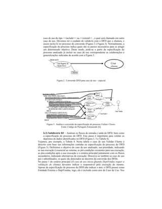 caso de uso do tipo <<include>> ou <<extend>> , o qual será chamado em outro
caso de uso. Devemos ter o cuidado de validá-lo com o DFD que o chamou, e
assim incluí-lo no processo de conversão (Figura 2 e Figura 3). Normalmente, a
especificação do processo indica quais são os passos necessários para se atingir
um determinado objetivo. Deste modo, pode-se a partir da especificação do
processo analisado já incluir no caso de uso correspondente as colaborações e
generalizações indicadas de acordo com a Figura 3.
Figura 2. Conversão DFD para caso de uso especial
Figura 3. Análise e conversão da especificação do processo Validar Cliente.
Fonte: Código do Português Estruturado [6].
b.3) Subdiretriz B3 Analisar os fluxos de entrada e saída do DFD, bem como
a especificação do processo do DFD. Este passo é importante para validar os
depósitos de dados identificados no DFD (Figura 1, 3 e Tabela 4).
Vejamos, por exemplo, a Tabela 4. Nesta tabela o caso de uso Validar Cliente é
descrito com base nas informações contidas na especificação do processo do DFD
(Figura 3). Definimos o objetivo do caso de uso analisado, sua prioridade, indicando
se sua execução é essencial ao sistema, as pré-condições existentes para sua execução,
as pós-condições após a sua execução e o cenário principal juntamente com os fluxos
secundários, indicando alternativas de execução. Descreve-se também os caso de uso
pai e subordinados, os quais são detectados no decorrer da conversão dos DFDs.
No passo 1 do cenário principal (O caso de uso inicia Quando DeptVendas requer a
validação do cliente) devemos indicar o responsável pela execução do mesmo.
Apesar da especificação do processo do DFD não indicar o ator, o DFD possui como
Entidade Externa o DeptVendas, logo, ele é incluído como ator do Caso de Uso. Nos
<<include>>
<<include>>
<<include>
<<include>>
Criar
cliente
Novo
 
