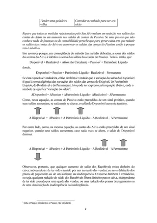 Vender uma geladeira
velha

Convidar o cunhado para ser seu
sócio

Repare que todas as medidas relacionadas pelo Seu Zé resultam em redução nos saldos das
contas do Ativo ou em aumento nos saldos de contas do Passivo. Se uma pessoa que não
conhece nada de finanças ou de contabilidade percebe que para gerar caixa tem que reduzir
os saldos das contas do Ativo ou aumentar os saldos das contas do Passivo, então é porque
isto é intuitivo.
Isto acontece porque, em conseqüência do método das partidas dobradas, a soma dos saldos
das contas do Ativo é idêntica à soma dos saldos das contas do Passivo. Temos, então, que:
Disponível + Realizável + Ativo não Circulante = Passivo1 + Patrimônio Líquido
donde,
Disponível = Passivo + Patrimônio Líquido - Realizável – Permanente
Se esta equação é verdadeira, então também é verdade que a variação do saldo do Disponível
é igual à soma algébrica das variações dos saldos das contas do Exigível, do Patrimônio
Líquido, do Realizável e do Permanente. Isto pode ser expresso pela equação abaixo, onde o
símbolo significa “variação do saldo”.
Disponível = Passivo + Patrimônio Líquido - Realizável – Permanente
Como, nesta equação, as contas do Passivo estão precedidas de um sinal positivo, quando
seus saldos aumentam, se nada mais se alterar, o saldo do Disponível aumenta também.

Disponível =

Passivo +

Patrimônio Líquido –

Realizável –

Permanente

Por outro lado, como, na mesma equação, as contas do Ativo estão precedidas de um sinal
negativo, quando seus saldos aumentam, caso nada mais se altere, o saldo do Disponível
diminui.

Disponível =

Passivo +

Patrimônio Líquido –

Realizável –

Permanente

Observa-se, portanto, que qualquer aumento do saldo dos Recebíveis retira dinheiro do
caixa, independente de ter sido causado por um aumento das vendas, ou uma dilatação dos
prazos de pagamento ou de um aumento da inadimplência. O inverso também é verdadeiro,
ou seja, qualquer redução do saldo dos Recebíveis libera dinheiro para o caixa, independente
de ter sido causado por uma queda das vendas, ou uma redução dos prazos de pagamento ou
de uma diminuição da inadimplência da inadimplência.

1

Inclui o Passivo Circulante e o Passivo não Circulante,

2

 