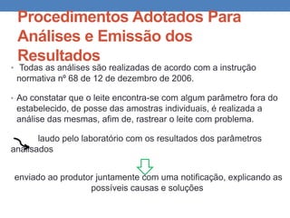 Procedimentos Adotados Para
Análises e Emissão dos
Resultados
• Todas as análises são realizadas de acordo com a instrução
normativa n⁰ 68 de 12 de dezembro de 2006.
• Ao constatar que o leite encontra-se com algum parâmetro fora do
estabelecido, de posse das amostras individuais, é realizada a
análise das mesmas, afim de, rastrear o leite com problema.
laudo pelo laboratório com os resultados dos parâmetros
analisados
enviado ao produtor juntamente com uma notificação, explicando as
possíveis causas e soluções
 