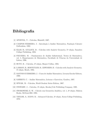 Bibliograﬁa
[1] APOSTOL, T. - Calculus, Blaisdell, 1967.
[2] CAMPOS FERREIRA, J. - Introdu¸c˜ao `a An´alise Matem´atica, Funda¸c˜ao Calouste
Gulbenkian, 1982.
[3] ELLIS, R.; GULLICK, D. - Calculus with Analytic Geometry, 5a
edi¸c˜ao, Saunders
College Publishing, 1994.
[4] FIGUEIRA, M. - Fundamentos de An´alise Inﬁnitesimal, Textos de Matem´atica,
vol. 5, Departamento de Matem´atica, Faculdade de Ciˆencias da Universidade de
Lisboa, 1996.
[5] HUNT, R. - Calculus, 2a
edi¸c˜ao, Harper Collins, 1994.
[6] LARSON, R.; HOSTETLER, R.; EDWARDS, B. - Calculus with Analytic Geometry,
5a
edi¸c˜ao, Heath, 1994.
[7] SANTOS GUERREIRO, J. - Curso de An´alise Matem´atica, Livraria Escolar Editora,
1989.
[8] SARRICO, C. - An´alise Matem´atica, Leituras e Exerc´ıcios, Gradiva, 1997.
[9] SPIVAK, M. - Calculus, World Student Series Edition, 1967.
[10] STEWART, J. - Calculus, 3a
edi¸c˜ao, Brooks/Cole Publishing Company, 1995.
[11] SWOKOWSKI, E. W. - C´alculo com Geometria Anal´ıtica, vol. 1, 2a
edi¸c˜ao, Makron
Books, McGraw-Hill, 1994.
[12] TAYLOR, A.; MANN, R. - Advanced Calculus, 2a
edi¸c˜ao, Xerox College Publishing,
1972.
 